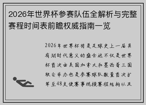 2026年世界杯参赛队伍全解析与完整赛程时间表前瞻权威指南一览 2026年世界杯参赛队伍全解析与完整赛程时间表前瞻权威指南一览